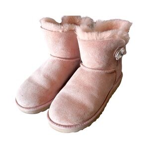 UGG Mini Bailey Button Bling Boots Pink Swarovski Crystal Shearling Suede Size 6